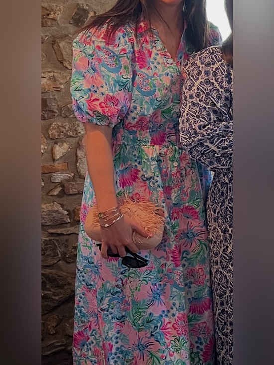 Lilly Pulitzer Dresses & Skirts - Lilly Pulitzer Pink, Green & Blue Floral Puff-Sleeve Midi Dress